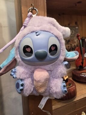 Disney Lilo & Stitch Fluffy Hooded Plush Bag Charm / Keychain with Ice cream.